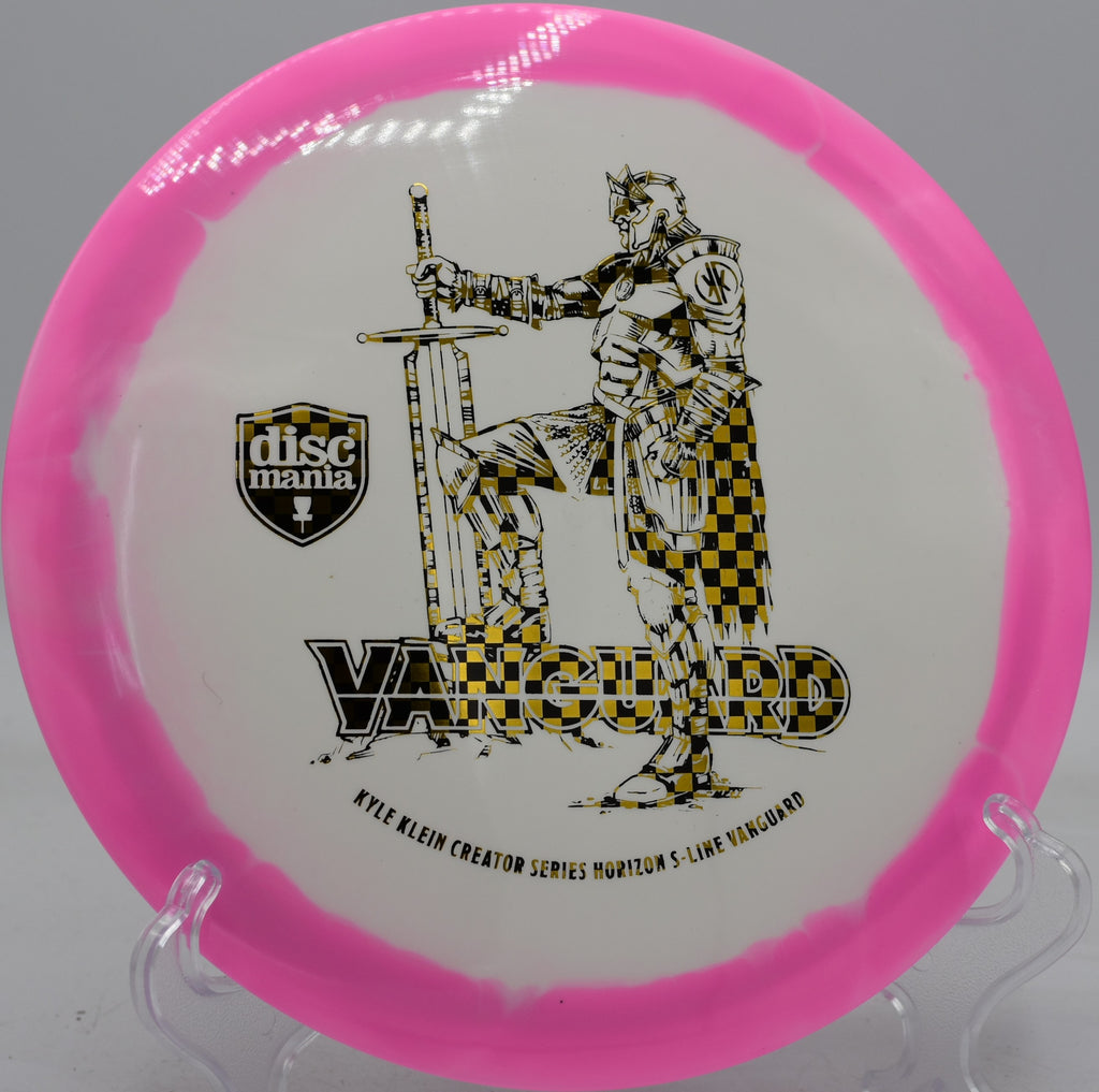 S-Line Horizon Vanguard ripping a controlled flex line with clean fade at Harmony Bends Disc Golf Course in Missouri.

