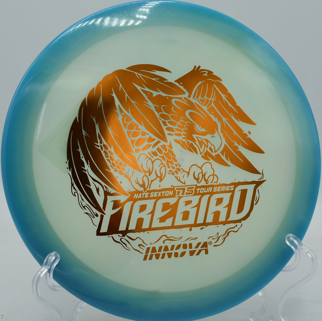 Firebird in flight off a steep downhill forehand drive at Blue Ribbon Pines, maintaining stability the entire way.

