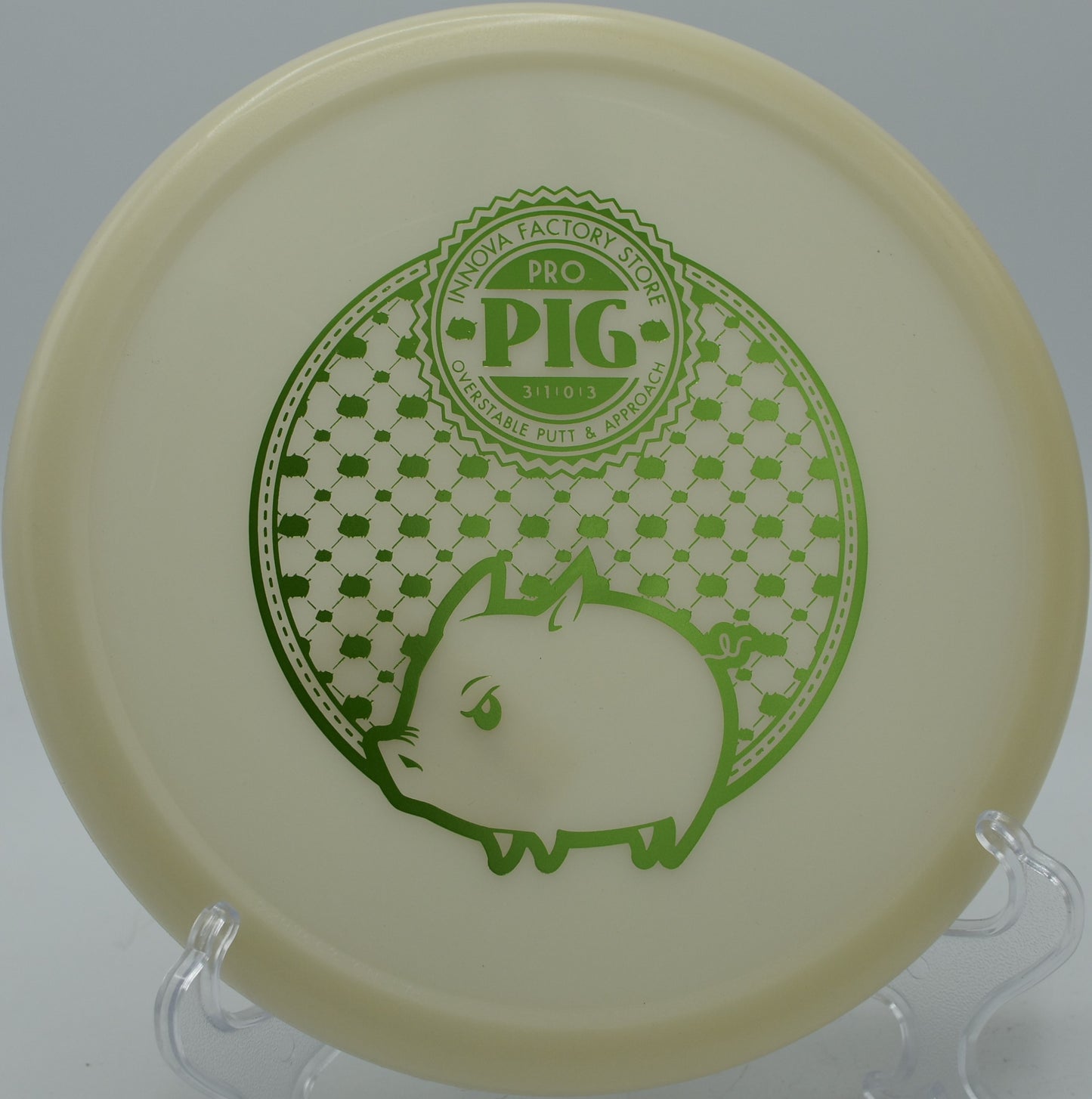 Low-ceiling flick with a Glo R-Pro Pig at Sandy Point Disc Golf Ranch in Lac du Flambeau, Wisconsin.

