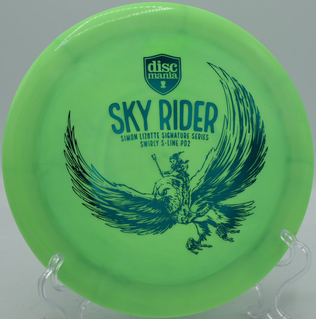 Discmania Sky Rider Swirly PD2 Eagle McMahon signature distance driver launched on a flex forehand at Maple Hill Disc Golf Course in Leicester, Massachusetts.