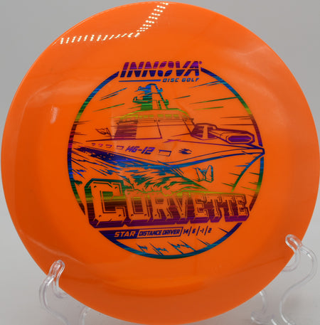 Innova Star Corvette max-distance driver gliding on a hyzer-flip at Idlewild Disc Golf Course in Burlington, Kentucky