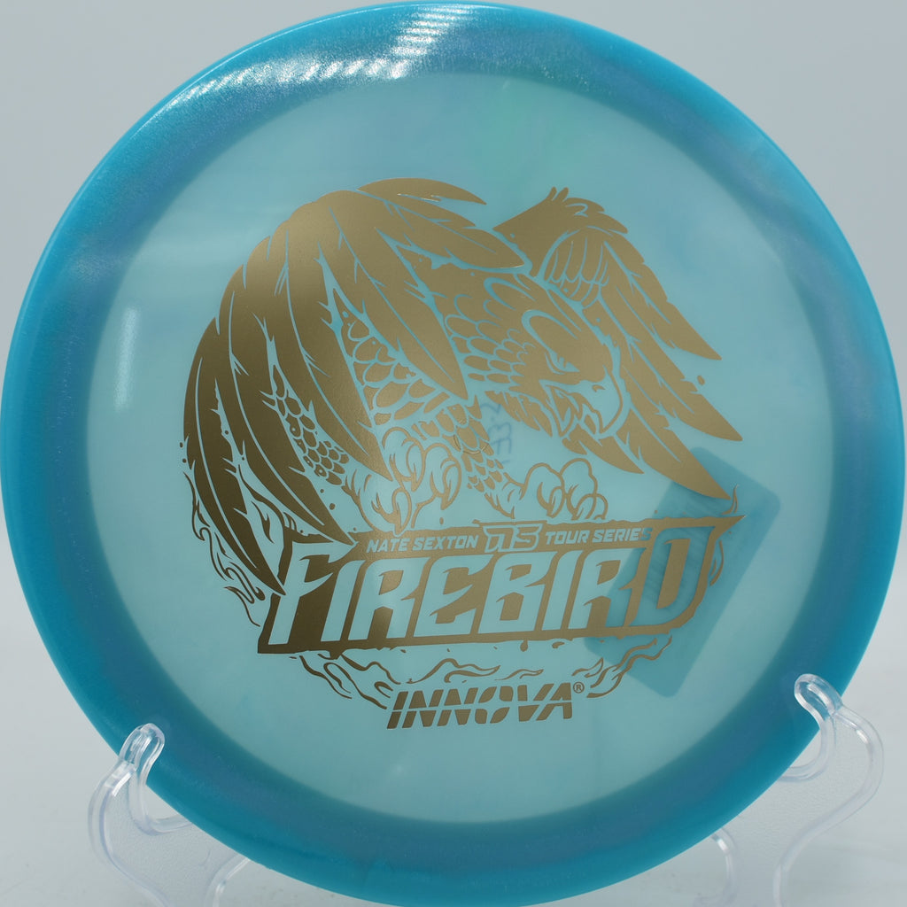 Glow Sexton Firebird flying on a forced anhyzer line, holding torque and finishing hard at Harmon Hills in Tennessee.

