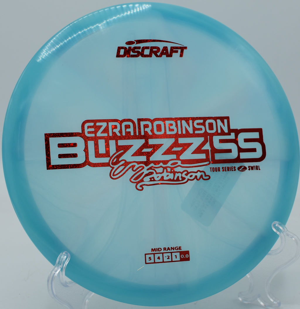 Swirled Buzzz SS flying flat and true at North Cove Disc Golf Course in Marion, North Carolina.


