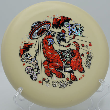 Infinite Discs P-Blend Alpaca putter resting on the teepad at Morley Field Disc Golf Course in San Diego, California, featuring its stiff base feel and ultra-straight flight ideal for confident putting and approach control.








