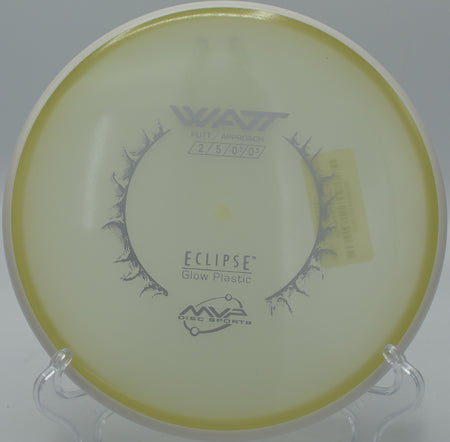 "MVP Eclipse Watt – Glow-in-the-dark putter with effortless glide and neutral stability at Kenai Eagle Disc Golf Course in Alaska."

