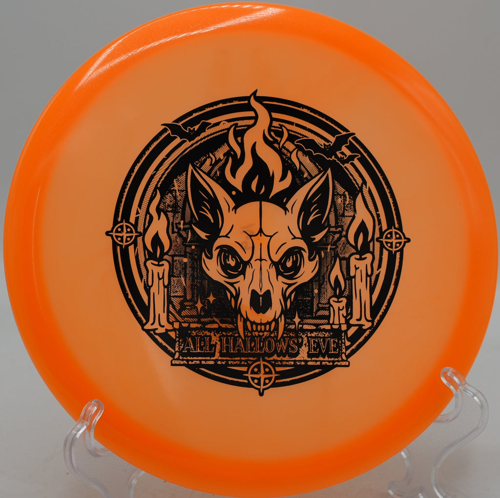Champion Proto Glow Fox disc launched on a smooth turnover at Toboggan Disc Golf Course in Milford, Michigan
