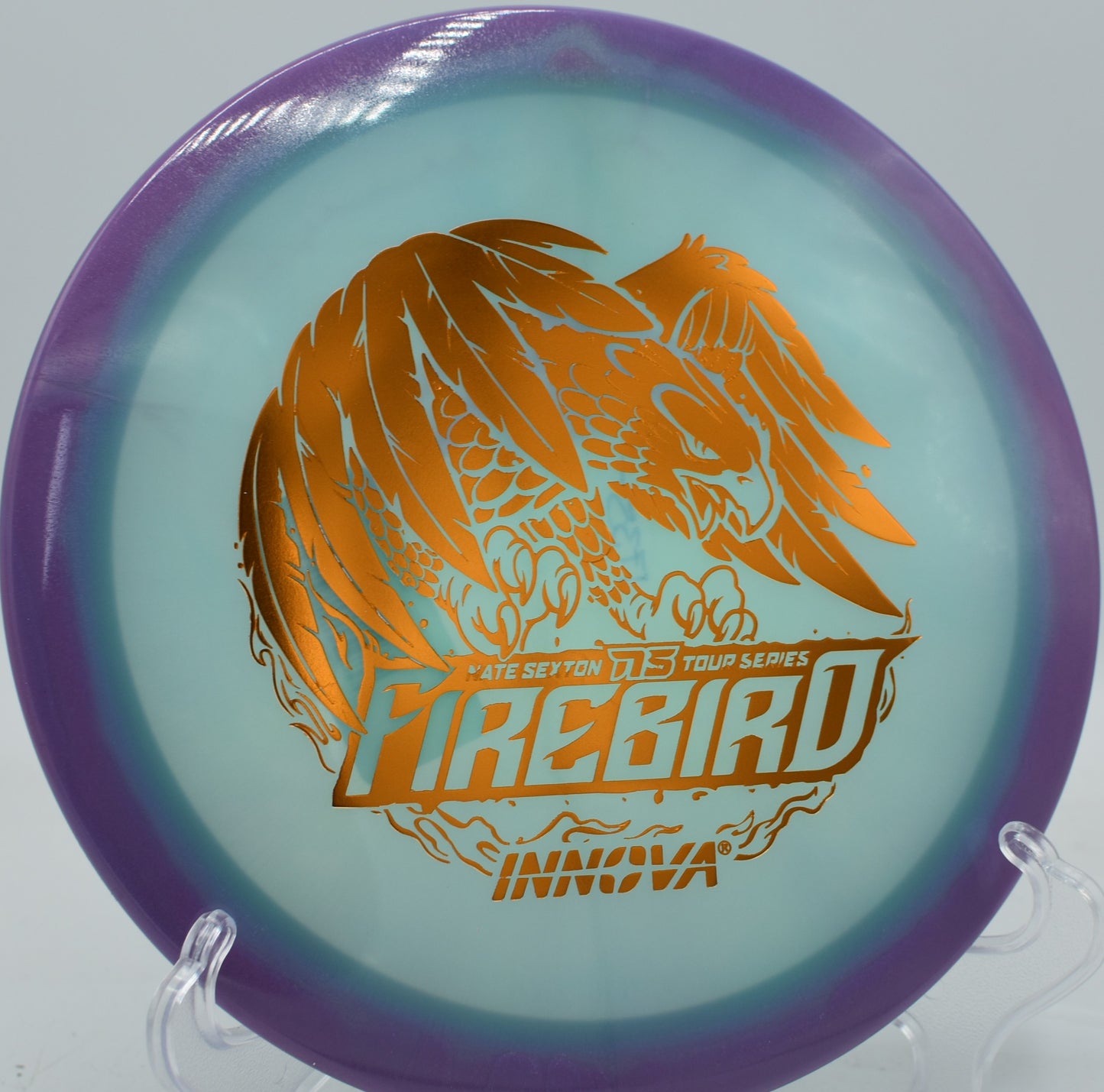 High torque forehand rip with the Sexton Firebird piercing a coastal wind at SeaTac DGC in Washington.

