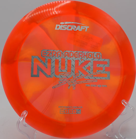 Swirled plastic of Z Swirl Nuke glowing in the sun at Roy G. Guerrero Disc Golf Course in Austin, Texas

