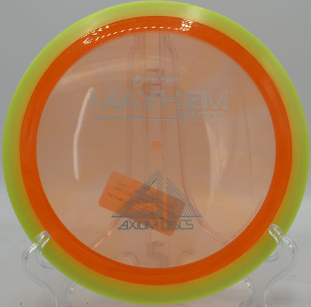 Proton Mayhem launched with a clean backhand, flipping to flat and riding a long glide before fading softly near the basket on Maple Hill’s Hole 8.

