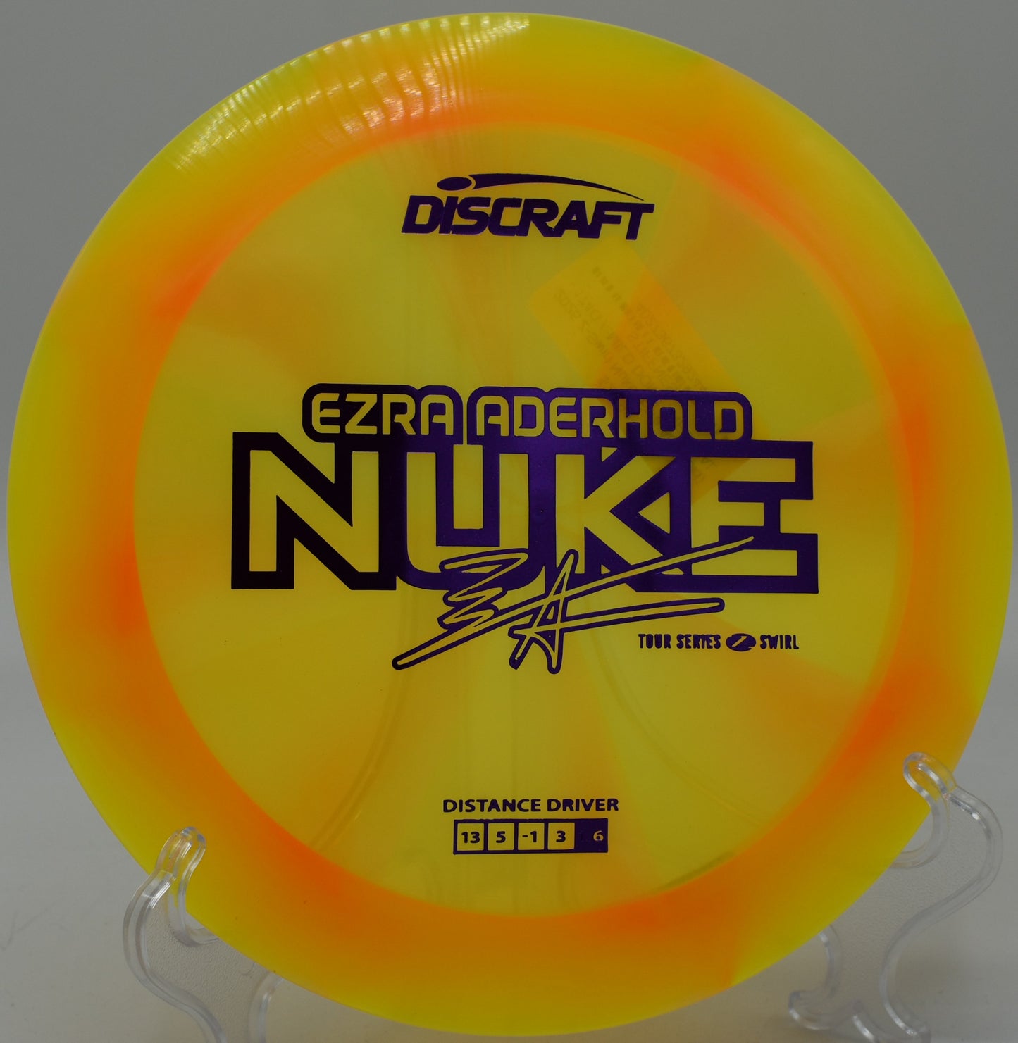 Z Swirl Nuke parked circle one at the base of a raised basket at DeLaveaga Disc Golf Course in California

