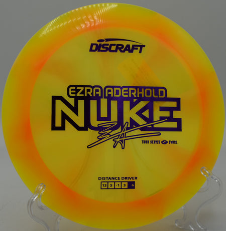 Z Swirl Nuke parked circle one at the base of a raised basket at DeLaveaga Disc Golf Course in California

