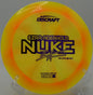 Z Swirl Nuke parked circle one at the base of a raised basket at DeLaveaga Disc Golf Course in California

