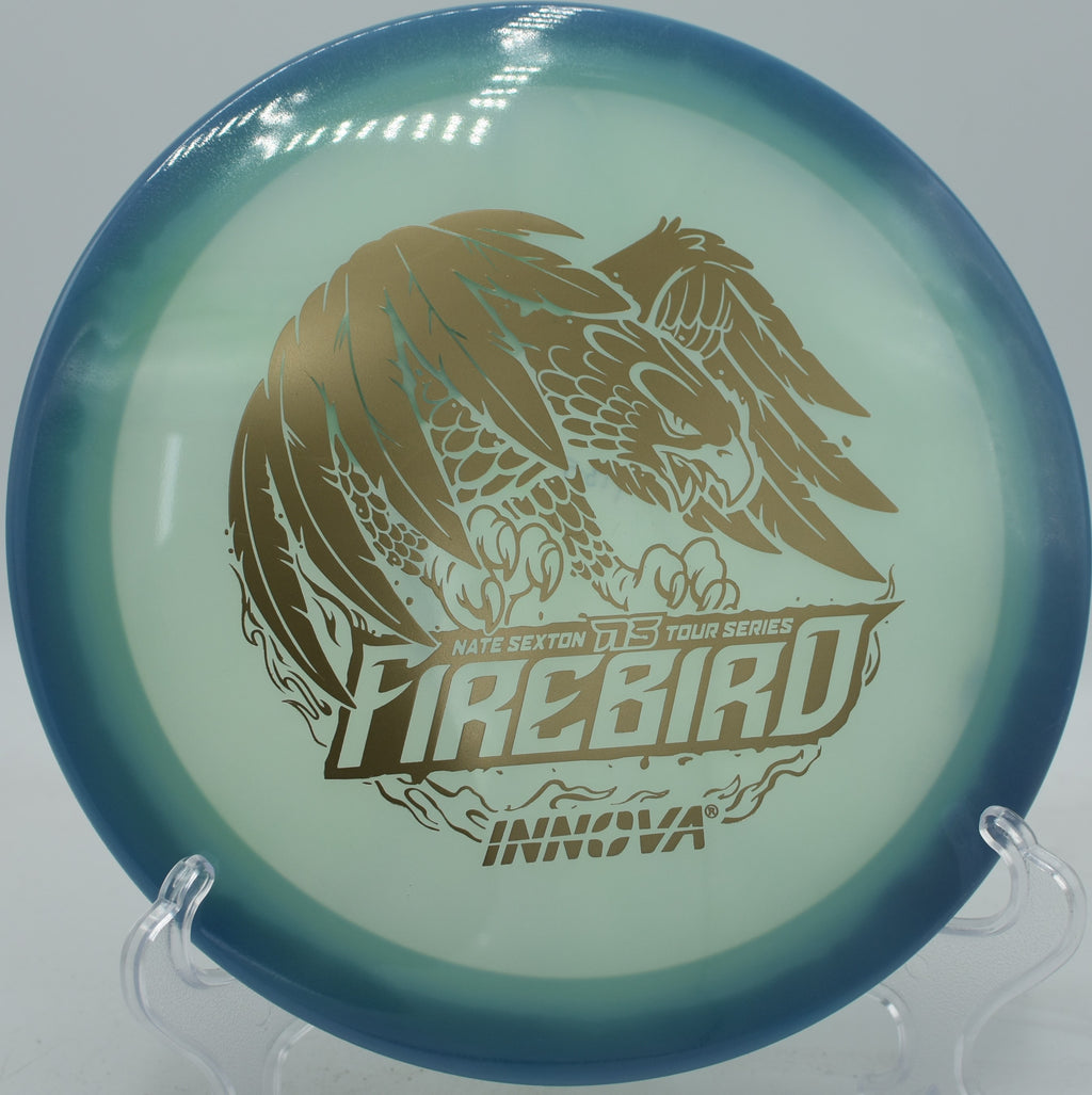 Firebird glowing under UV flashlight during a night round warm-up at Brackenridge Park in Texas.

