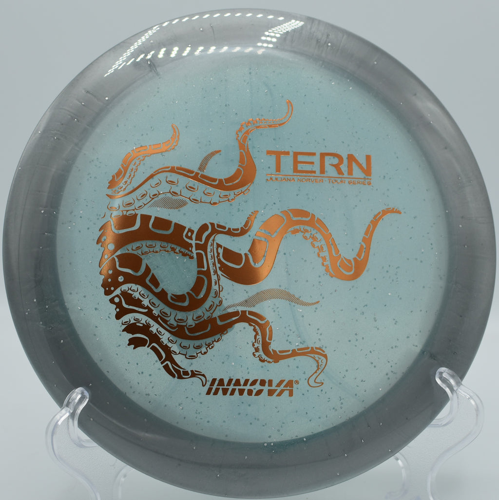 Moondust Tern glowing mid-flight on a soft hyzer line at Milo McIver State Park in Estacada, Oregon.

