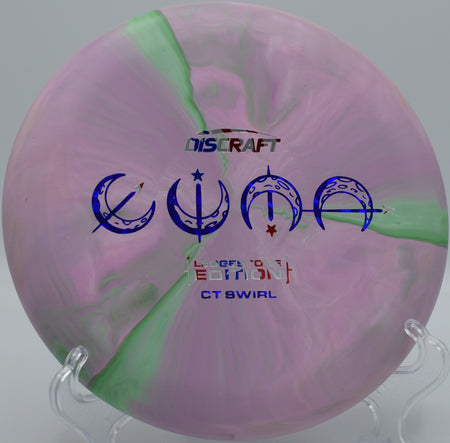 CT Swirl Luna putter flying at Harmony Bends Disc Golf Course in Columbia, Missouri

