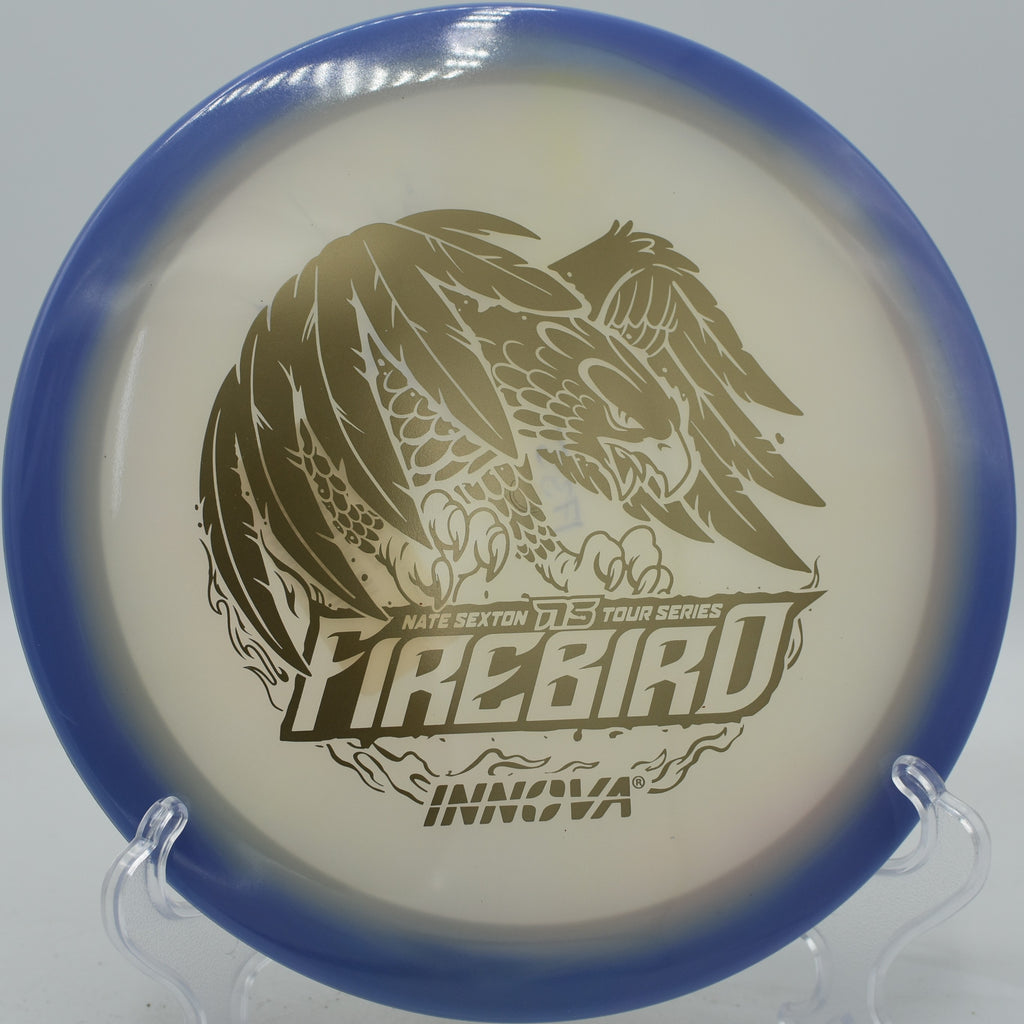 Sexton Firebird in glow plastic holding its line through an open field bomb at Lake Marshall Lions Course.

