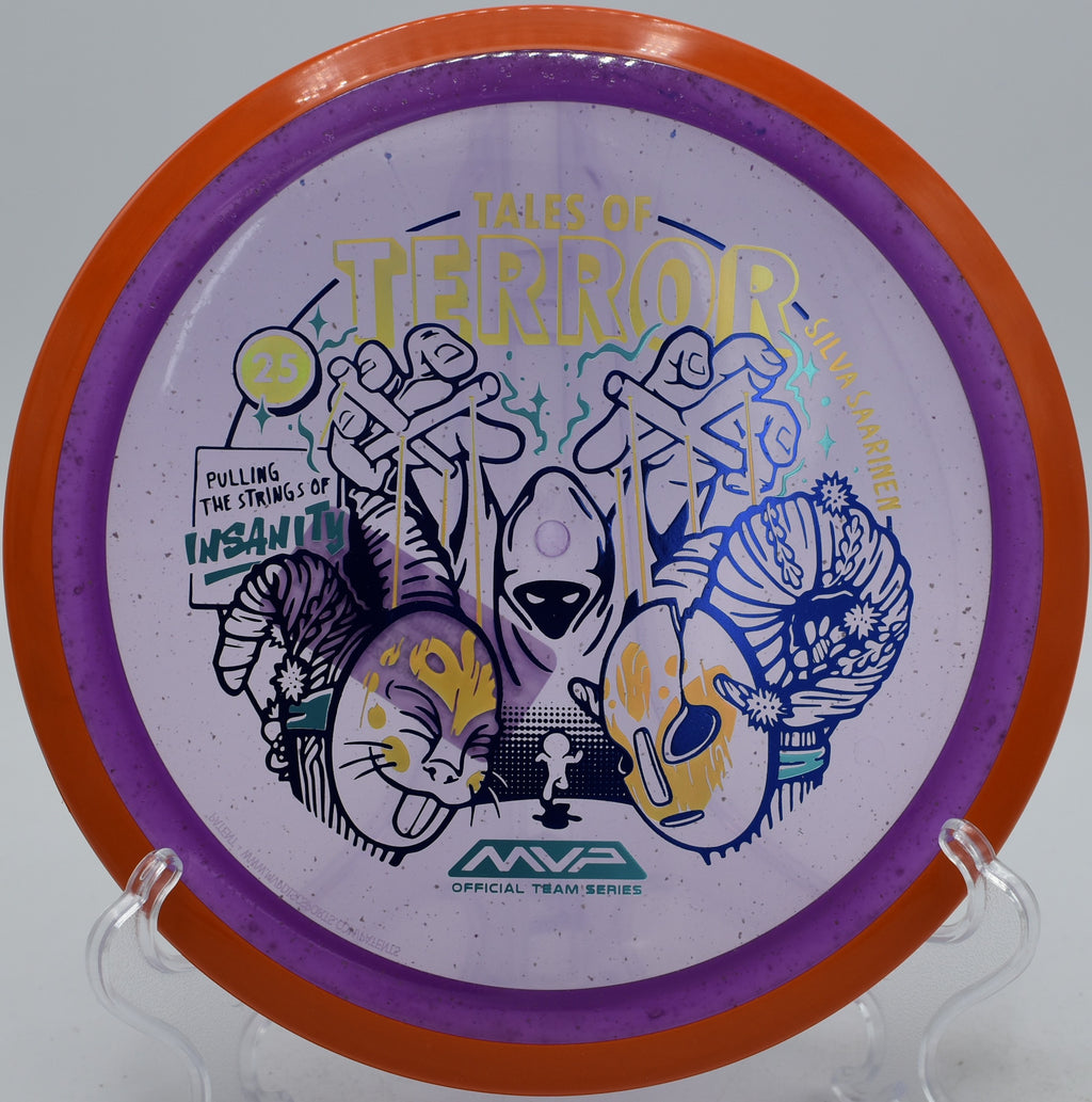 Halloween Edition Insanity glowing specs carving a turnover line at Idlewild Disc Golf Course in Burlington, Kentucky