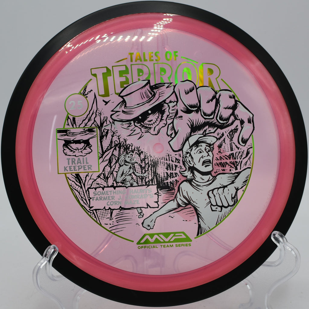 Limited Halloween Proton Trail disc shot forehand on a tight line at Lemon Lake Gold Course in Crown Point, Indiana