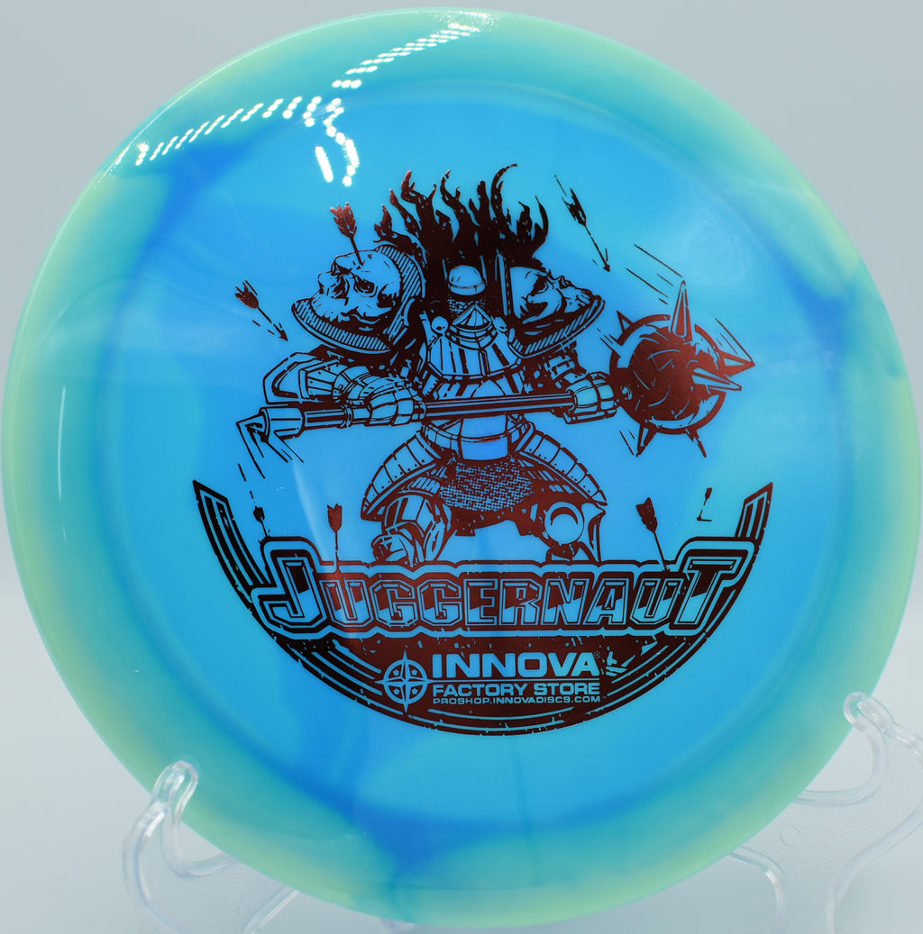 Glow Halo Star Juggernaut ripping a power forehand into a headwind at Harmony Bends in Columbia, Missouri, fading hard toward the pin.

