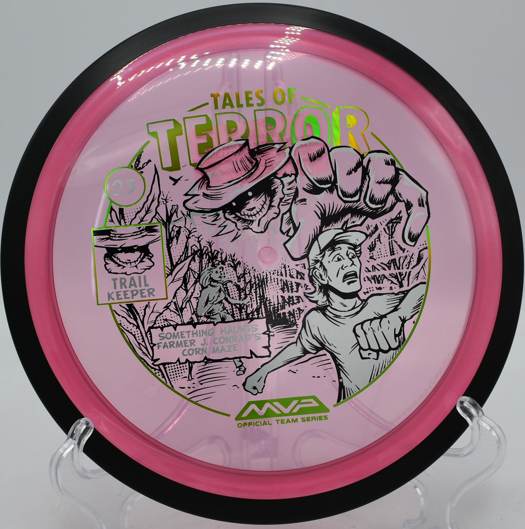 MVP Proton Trail spooky stamp flying clean off the tee at Camp Sekani Disc Golf Course in Spokane, Washington