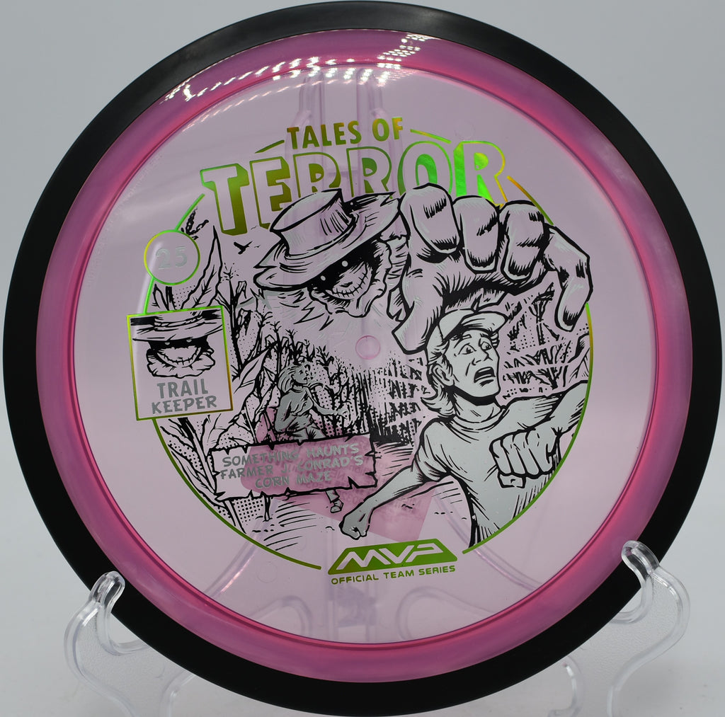 Trail fairway driver with Halloween art carving flex line at Beaver Ranch Disc Golf Course in Conifer, Colorado