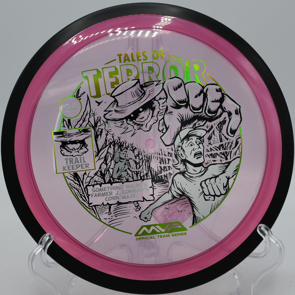 Trail fairway driver with Halloween stamp flying clean turnover shot at Trophy Club Disc Golf Course in Texas