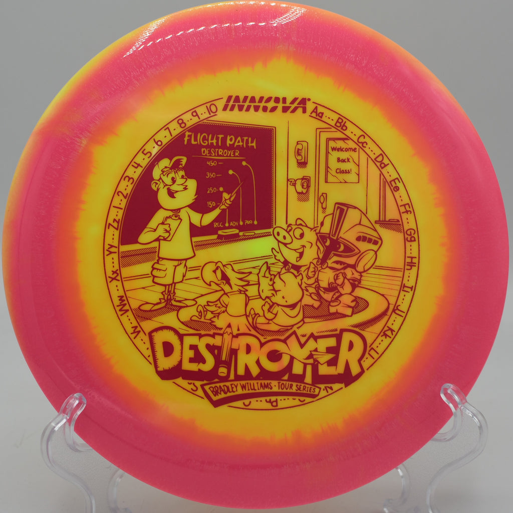 Halo Baby Destroyer launching flat and pushing long at Maple Hill Disc Golf Course in Leicester, Massachusetts.

