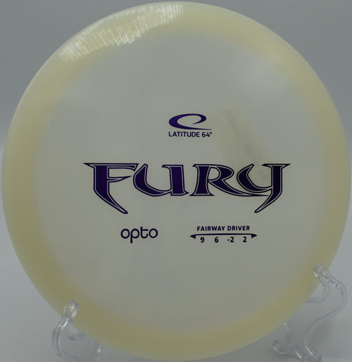 Close-up of Latitude 64 Opto Fury on a grassy fairway at Timber Creek Disc Golf Course, Olathe, Kansas.
