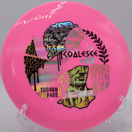 Coalesce in Aura plastic parked under the basket at Flip City Disc Golf Park in Shelby, Michigan, trusted for accurate backhand and forehand control.

