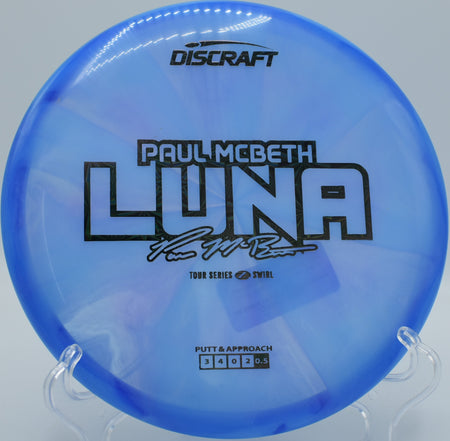Swirled Luna skipping forward on a slight hyzer finish at Stafford Woods.

