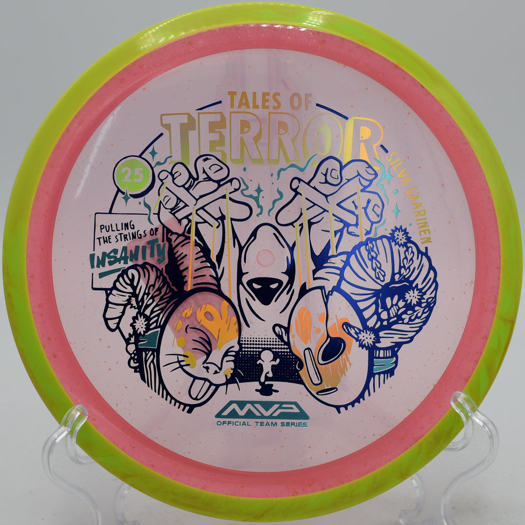 Special Halloween Insanity glowing Proton driver flying at Hawk Hollow Disc Golf Course in Spotsylvania, Virginia