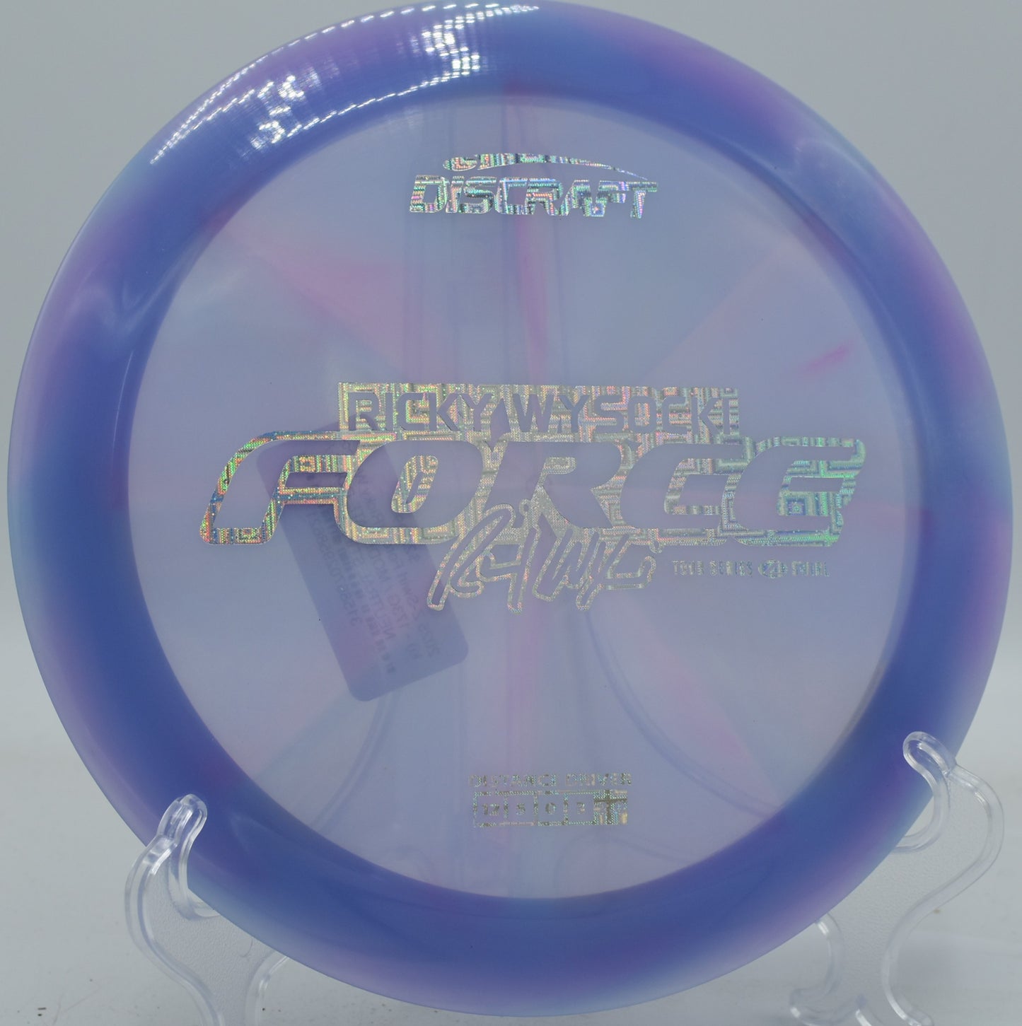 Discraft Force in swirly Z plastic taking on a crosswind with ease during a windy round at Lake Marshall Lions.

