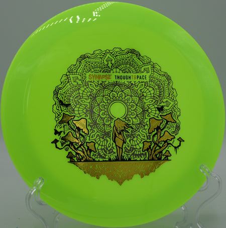 Aura Coalesce control driver soaring through a tunnel fairway at Maple Hill Disc Golf Course in Leicester, Massachusetts, offering glide and a dependable fade.


