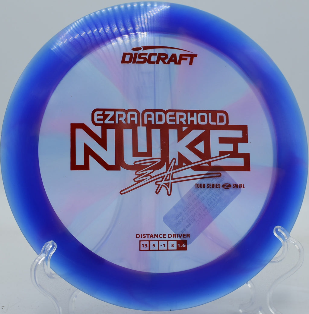 Discraft Z Swirl Nuke sent into a tailwind, standing up from hyzer for maximum D at Winthrop Gold.


