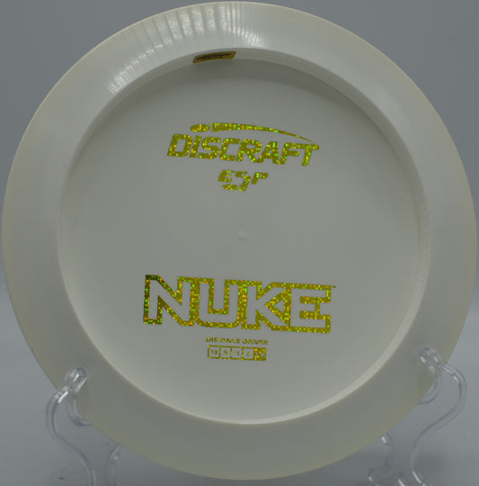 Discraft ESP Nuke showing off solid white profile during a distance drive at SeaTac DGC in SeaTac, Washington

