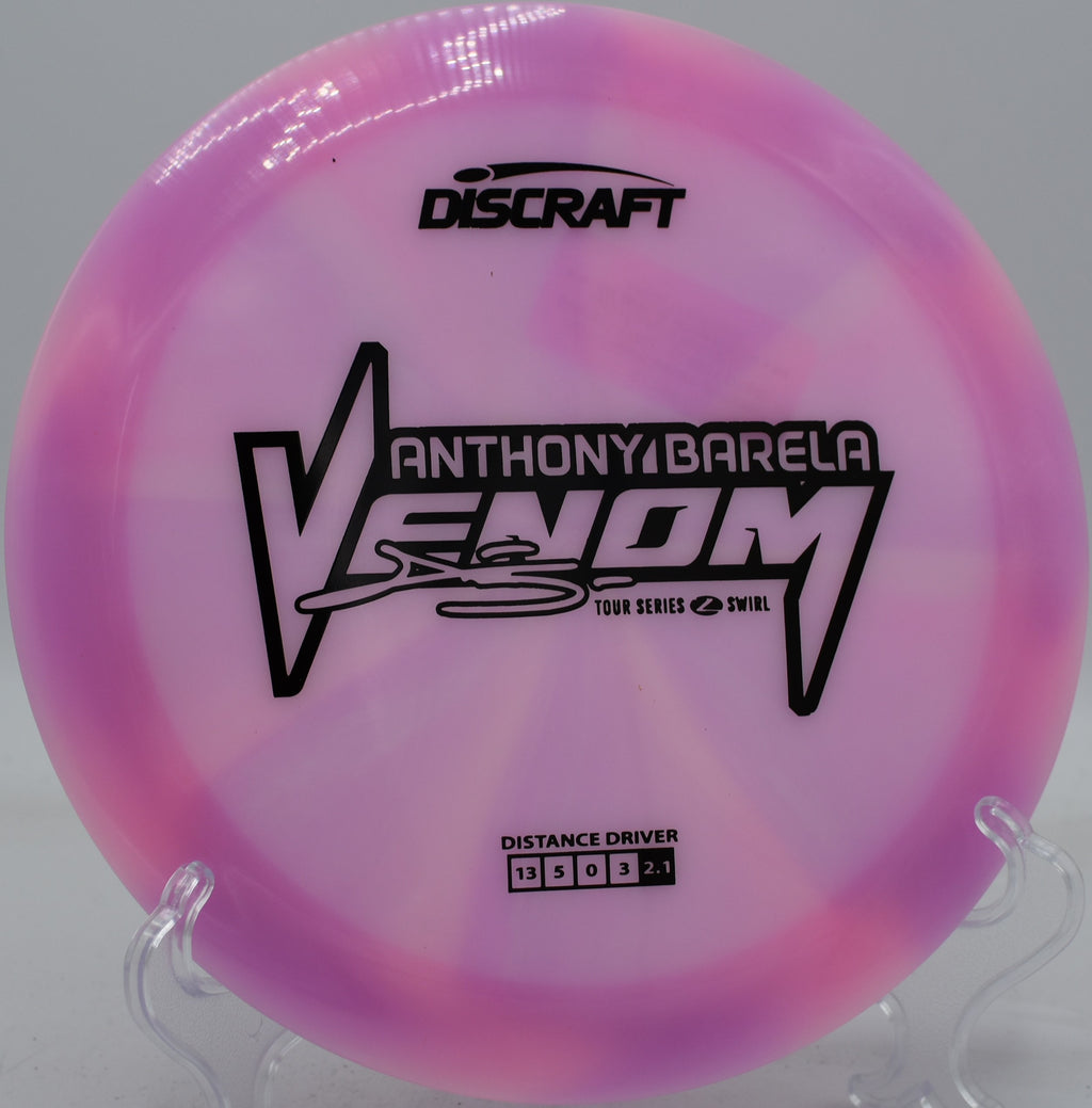 Discraft Venom in Z Swirl plastic used on a spike hyzer, dropping steeply near the basket at Lake Marshall Lions.

