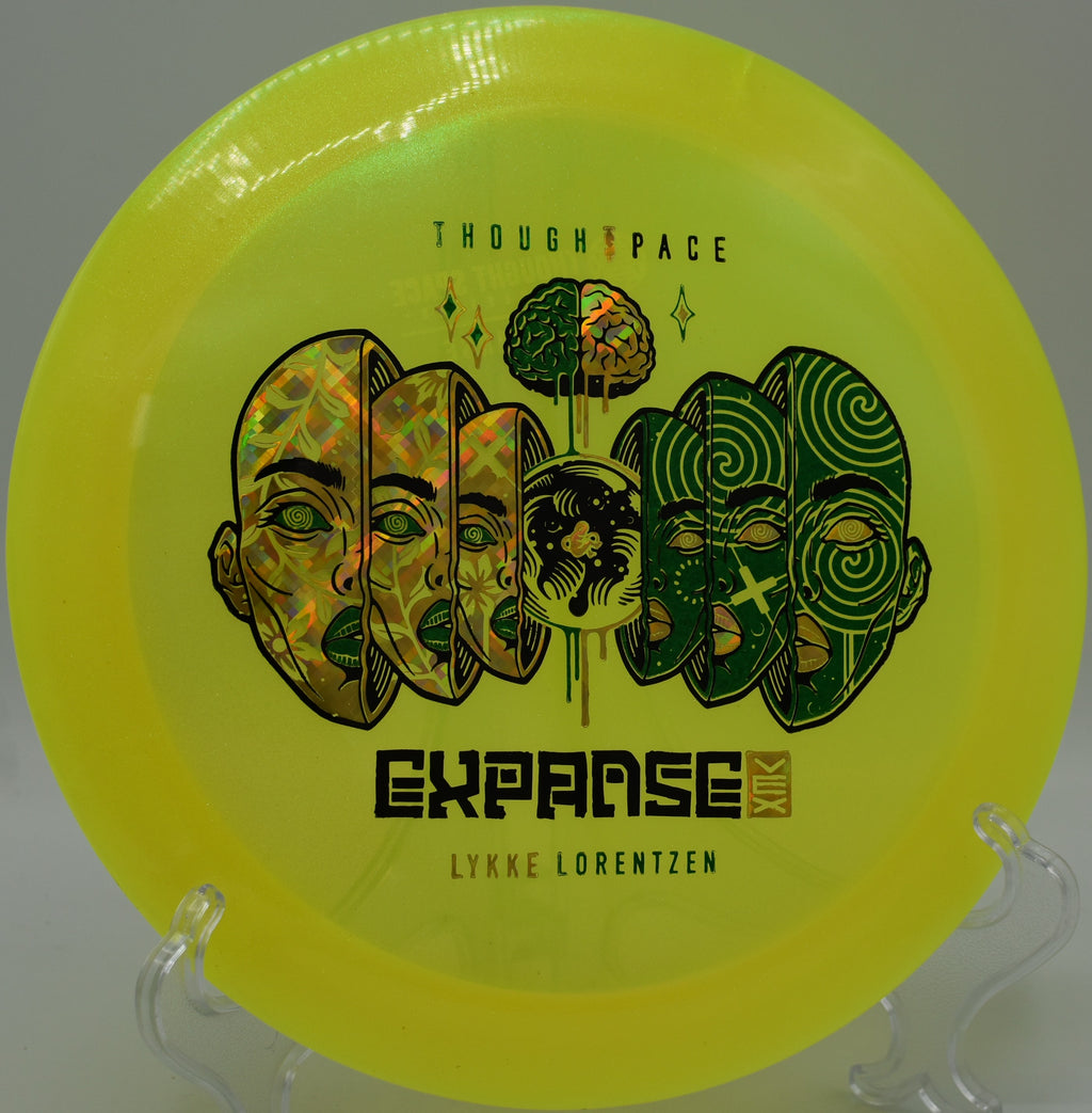 VEX Expanse hyzer flip distance shot at Harmony Bends in Columbia, Missouri

