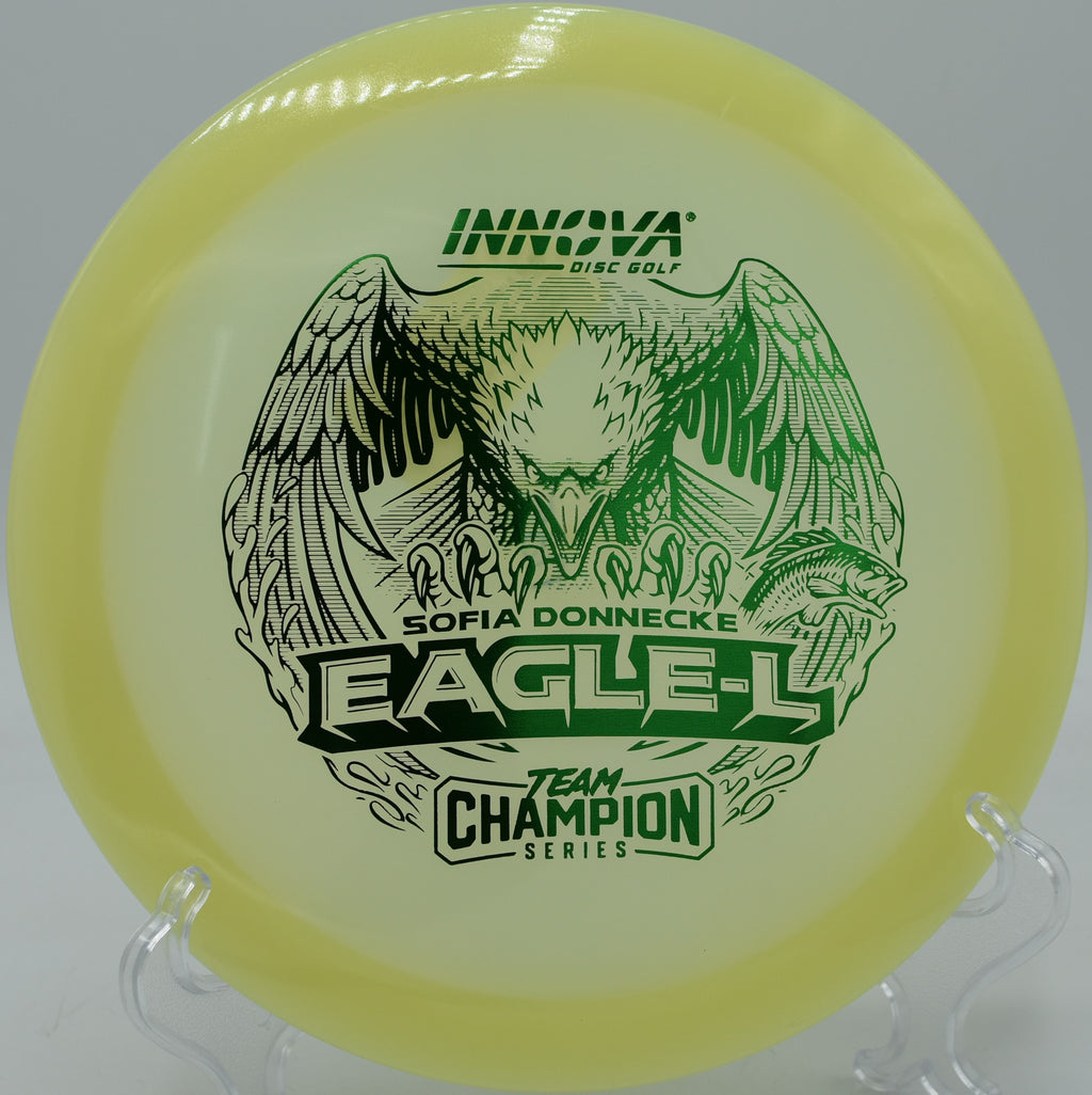 Champion Glow Eagle-L turning slightly for accurate placement at Panther Creek DGC in Springfield, Illinois.

