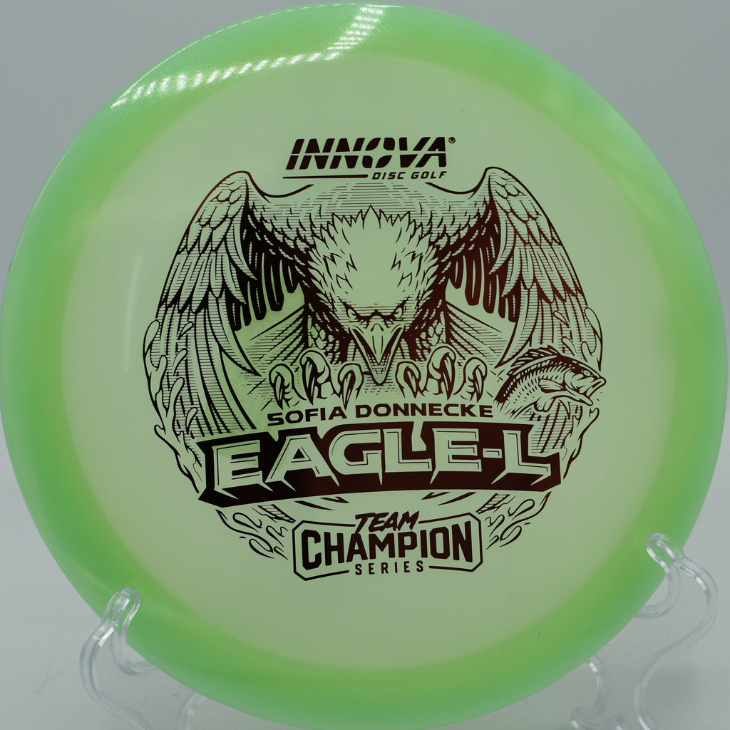 Champion Glow Eagle-L gliding flat through a tight wooded fairway at Milo McIver State Park in Estacada, Oregon.

