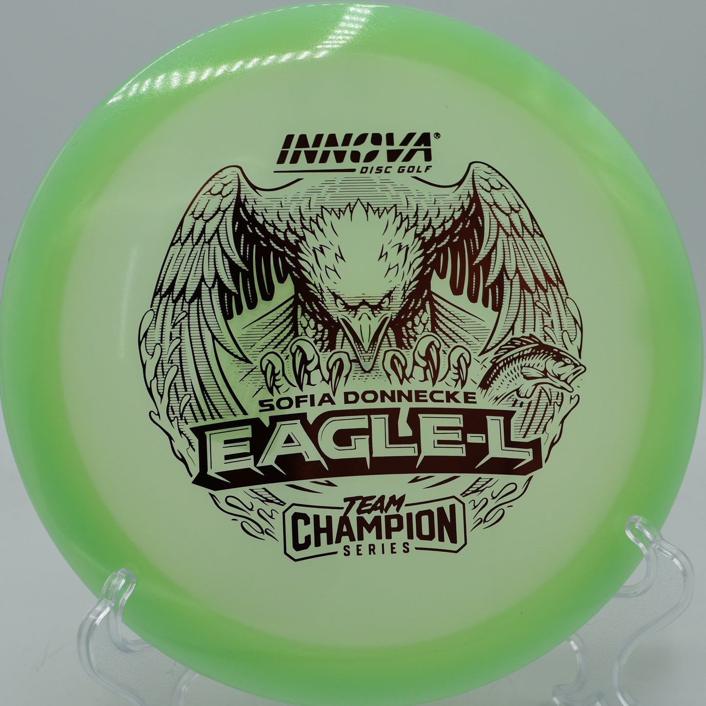 Champion Glow Eagle-L gliding flat through a tight wooded fairway at Milo McIver State Park in Estacada, Oregon.

