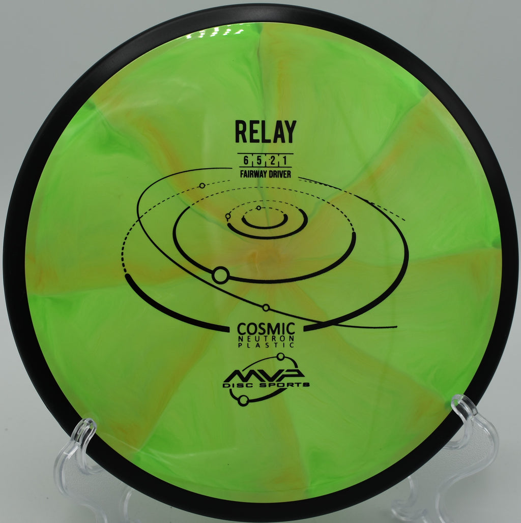 "MVP Cosmic Neutron Relay – Beginner-friendly and effortless to throw, carving up fairways at Flip City Disc Golf Park in Michigan."
