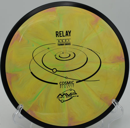 "MVP Cosmic Neutron Relay – Smooth understable fairway driver with premium Cosmic Neutron plastic, designed for finesse shots at DeLaveaga Disc Golf Course in California."
