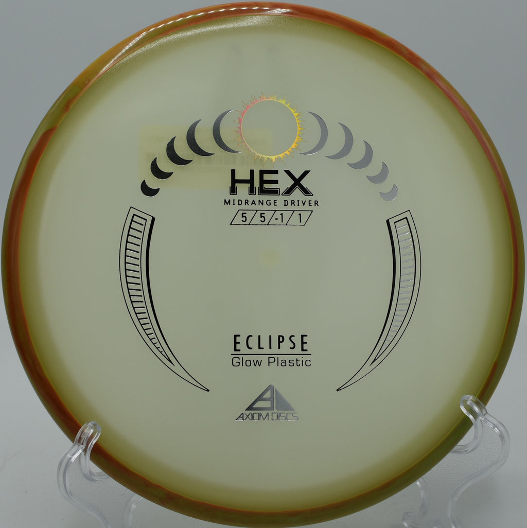 Eclipse Hex glowing down the fairway during a dusk round at Pier Park Disc Golf Course in Portland, Oregon.

