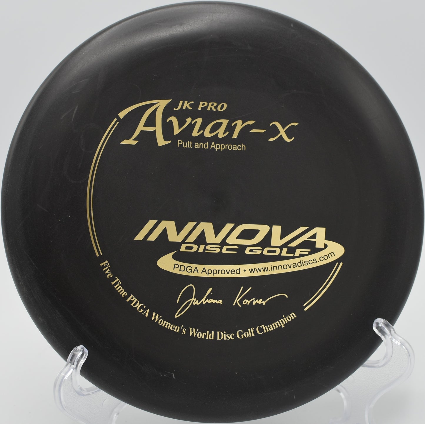 Innova JK Aviar settling on the green at Hole 7 at The Rez Disc Golf Course, Brandon, Mississippi.