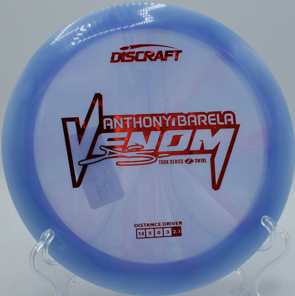 Discraft Venom in Z Swirl plastic launched flat with violent fade on a windy fairway at Maple Hill in Leicester, Massachusetts.

