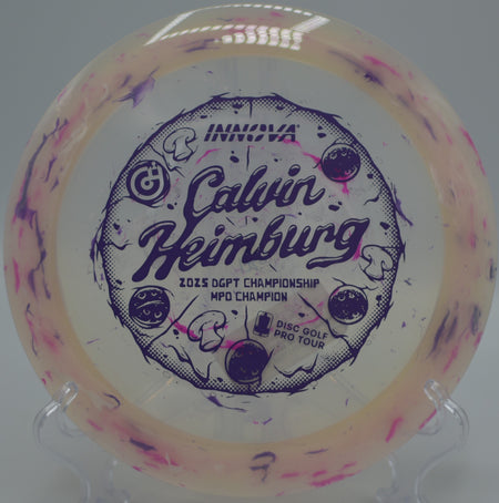 Innova Party Time Destroyer bright swirl driver crushing forehand into headwind at Milo McIver State Park, Estacada OR