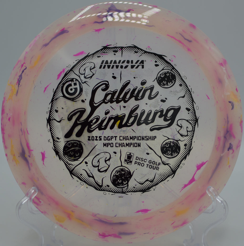 Party Time Destroyer swirled Champion blend streaking toward basket at Hornets Nest Disc Golf Course, Charlotte NC