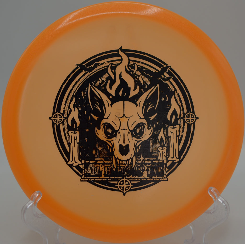 Proto Glow Fox glowing fairway driver streaking through night at Maple Hill Disc Golf Course, Leicester MA