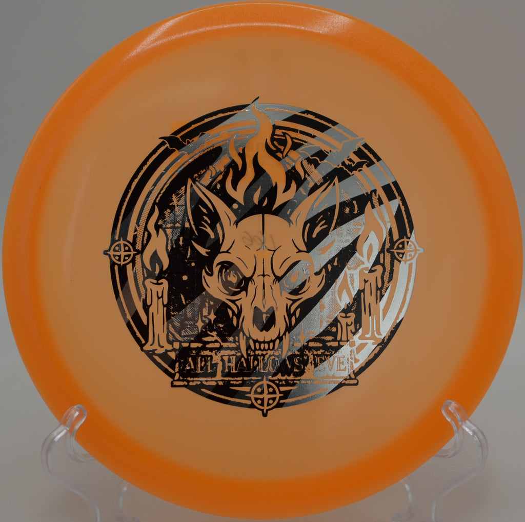 Proto Glow Fox glowing under basket after controlled fairway drive at Hornets Nest Disc Golf Course, Charlotte NC