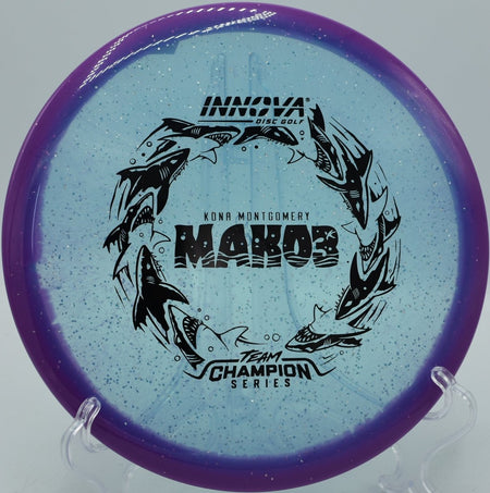 Metalflake Halo Champion Mako3 Kona Montgomery Tour Series 2026 midrange disc displayed at Maple Hill Disc Golf Course in Leicester, Massachusetts, built for laser-straight fairway approaches and controlled disc golf accuracy